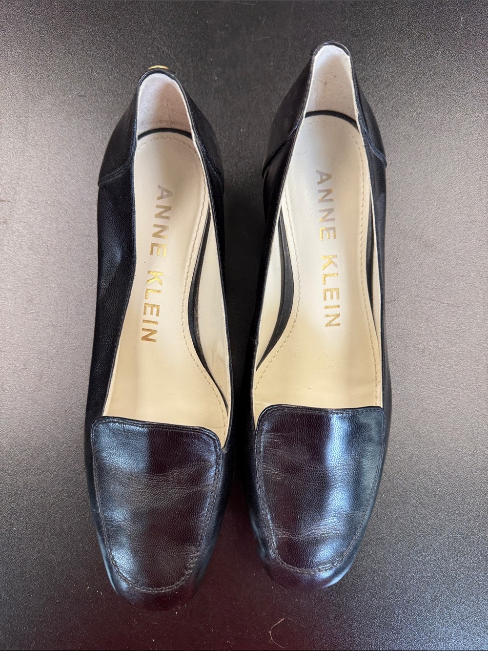 Anne Klein Black Leather Square-Toe Slip Ons